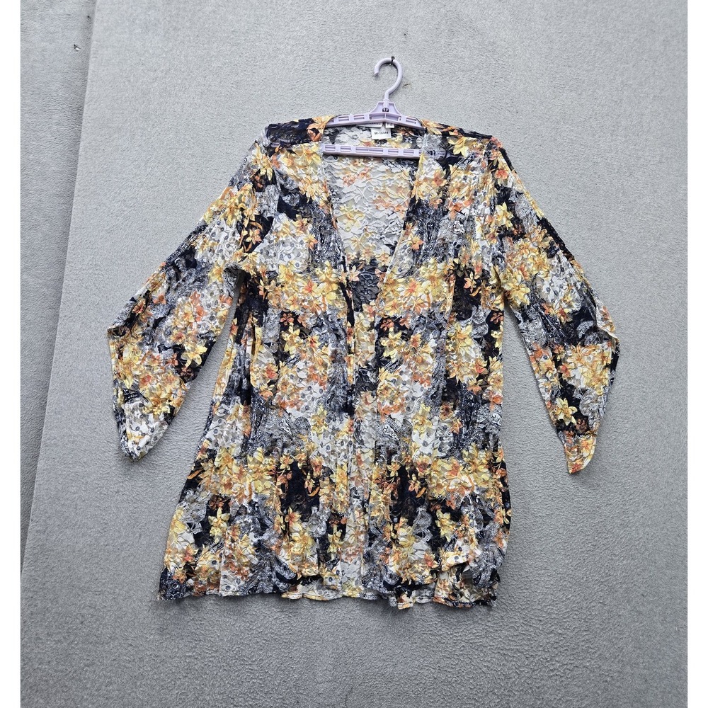 Susan Graver Women Blouse 2X Yellow Floral Lace Kimono Open Font Flared Sleeve